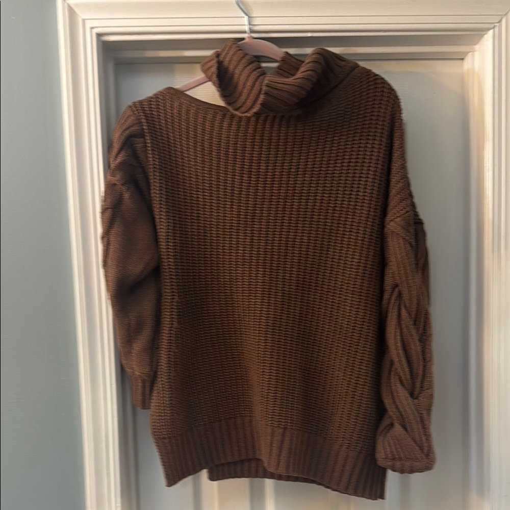 Astr Brown Cable Sleeve Turtleneck Sweater
